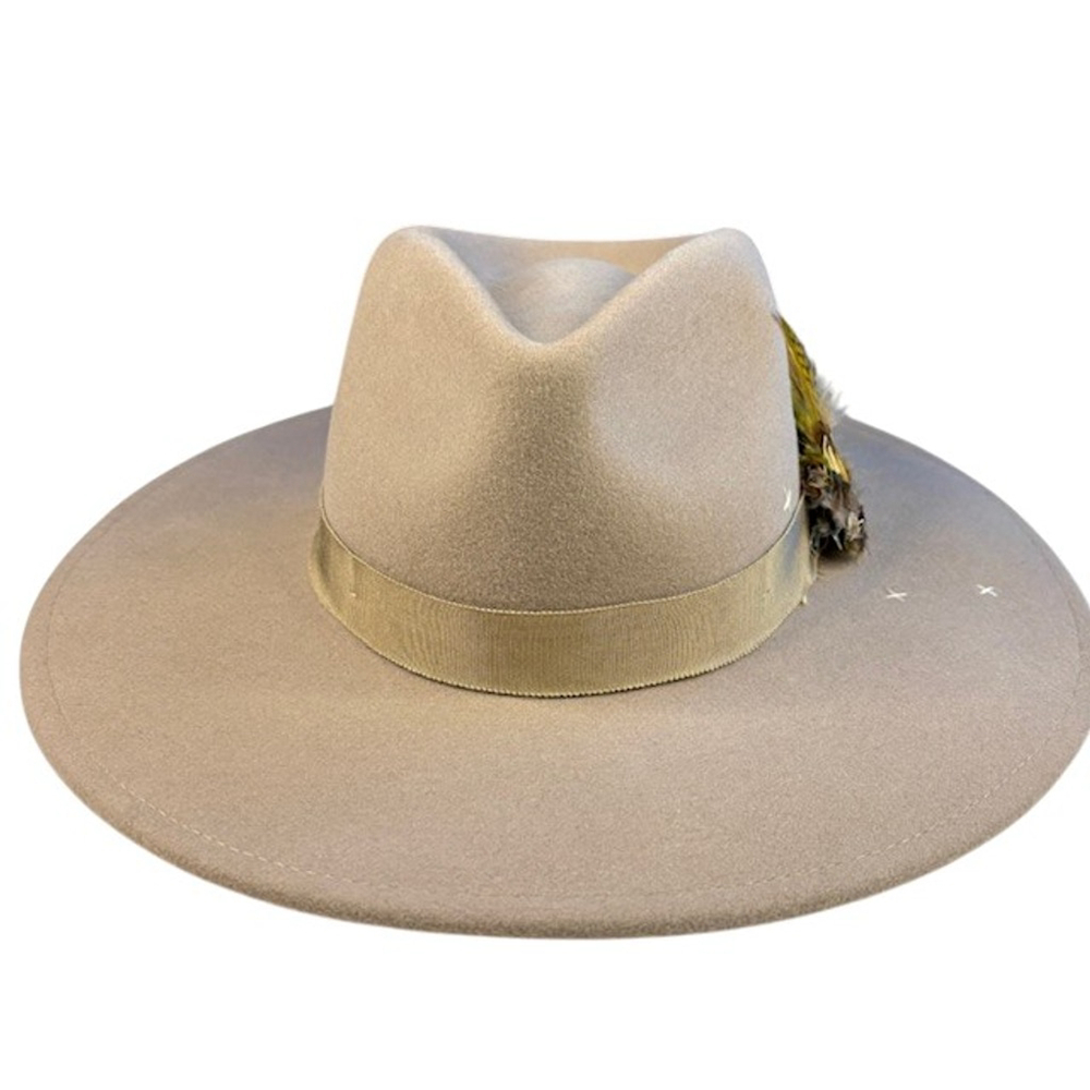 Women's WYETH Astral Embroidered Beige Wool Felt Rancher Hat with Green Feathers